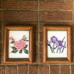 Set of 2 Vintage Framed Floral Cross Stitch Flowers Pink Roses & Purple Irises